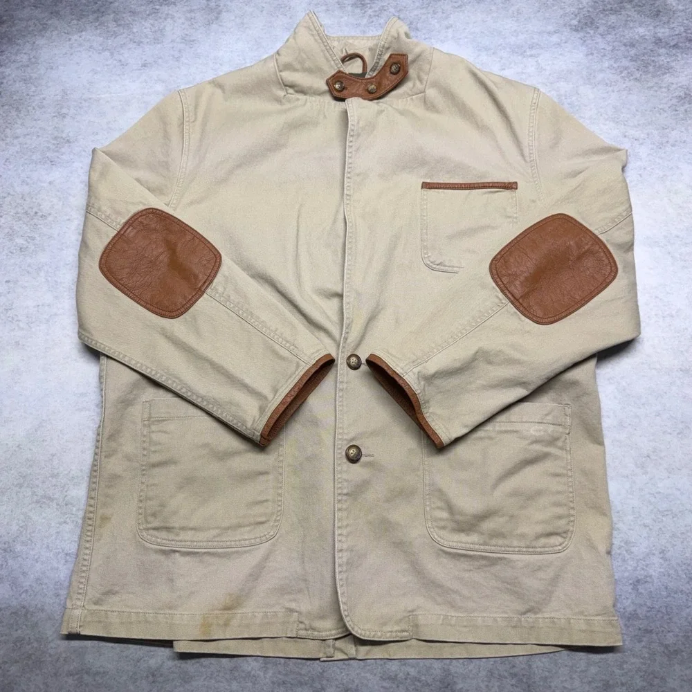 VTG Orvis Zambezi Twill Safari Field Jacket Mens 46L Tan Leather Elbow Patches